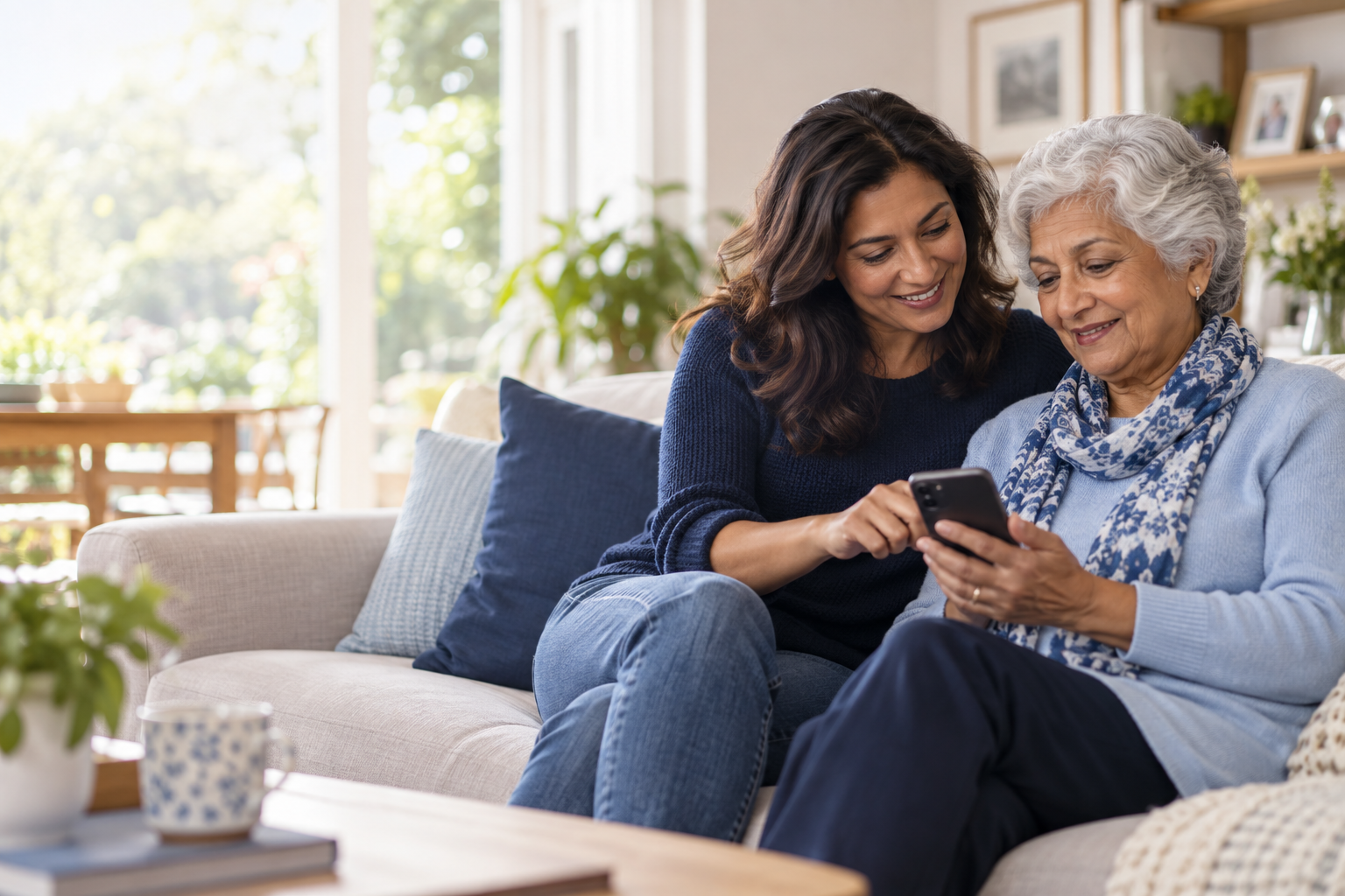 A mother and adult daughter looking at a phone together at home